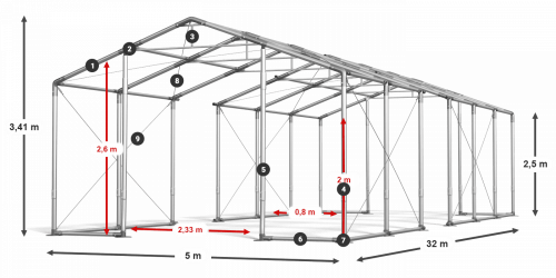 Skladový stan celoroční 5x32x2,5m nehořlavá plachta PVC 600g/m2 konstrukce ZIMA PLUS