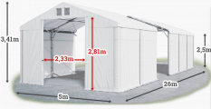 Skladový stan 5x26x2,5m strecha PVC 560g/m2 boky PVC 500g/m2 konštrukcia POLÁRNA PLUS