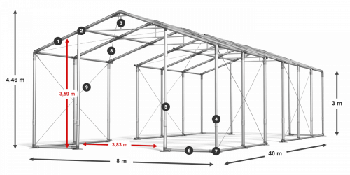 Párty stan 8x40x3m střecha PVC 620g/m2 boky PVC 620g/m2 konstrukce ZIMA PLUS