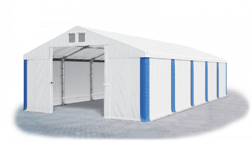 Garážový stan 4x8x2m střecha PVC 560g/m2 boky PVC 500g/m2 konstrukce ZIMA - Barva střešní plachty: Bílá, Barva boční plachty: Bílá, Barva svislých pruhů: Modrá