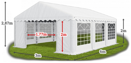 Párty stan 3x6x2m střecha PE 240g/m2 boky PE 240g/m2 konstrukce LÉTO - Barva střešní plachty: Šedá, Barva boční plachty: Bílá, Barva svislých pruhů: Zelená