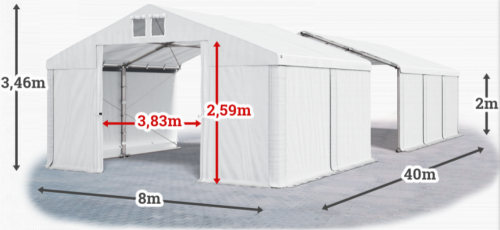 Skladový stan 8x40x2m střecha PVC 620g/m2 boky PVC 620g/m2 konstrukce ZIMA PLUS