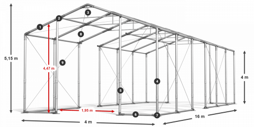 Párty stan 4x16x4m střecha PVC 620g/m2 boky PVC 620g/m2 konstrukce ZIMA PLUS