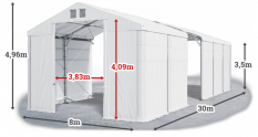 Skladový stan 8x30x3,5m strecha PVC 560g/m2 boky PVC 500g/m2 konštrukcia POLÁRNA PLUS