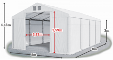 Skladový stan 8x8x3m střecha PVC 560g/m2 boky PVC 500g/m2 konstrukce ZIMA