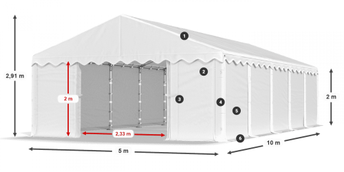 Skladový stan 5x10x2m střecha PE 240g/m2 boky PE 240g/m2 konstrukce LÉTO