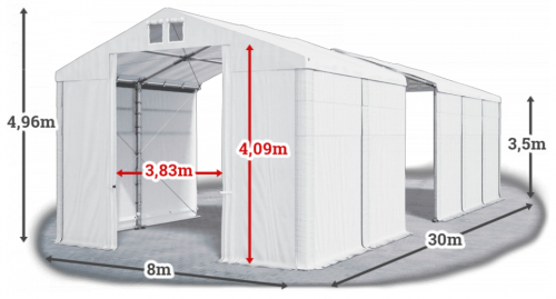 Skladový stan 8x30x3,5m strecha PVC 560g/m2 boky PVC 500g/m2 konštrukcie ZIMA PLUS