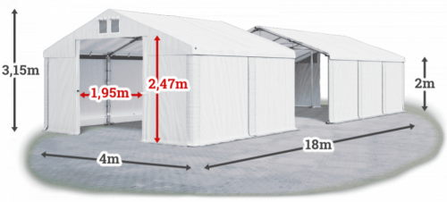 Skladový stan 4x18x2m strecha PVC 620g/m2 boky PVC 620g/m2 konštrukcia ZIMA
