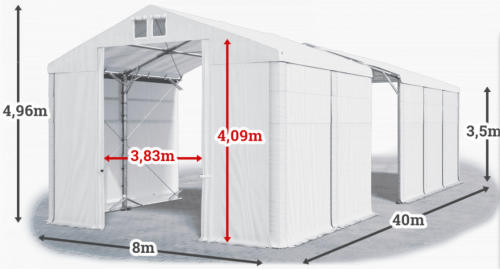 Skladový stan 8x40x3,5m strecha PVC 560g/m2 boky PVC 500g/m2 konštrukcia POLÁRNA PLUS