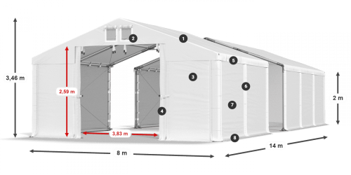 Skladový stan 8x14x2m střecha PVC 580g/m2 boky PVC 500g/m2 konstrukce ZIMA PLUS