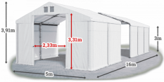 Skladový stan 5x16x3m střecha PVC 620g/m2 boky PVC 620g/m2 konstrukce ZIMA