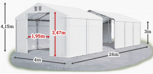 Skladový stan 4x26x3m střecha PVC 560g/m2 boky PVC 500g/m2 konstrukce POLÁRNÍ