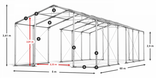 Párty stan 5x60x2,5m střecha PVC 560g/m2 boky PVC 500g/m2 konstrukce ZIMA PLUS