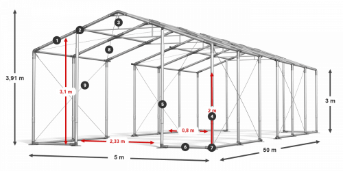 Skladový stan celoroční 5x50x3m nehořlavá plachta PVC 600g/m2 konstrukce ZIMA PLUS