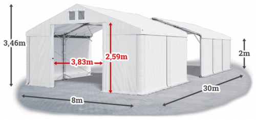 Skladový stan 8x30x2m strecha PVC 620g/m2 boky PVC 620g/m2 konštrukcia POLÁRNA