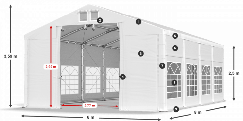 Párty stan 6x8x2,5m střecha PVC 560g/m2 boky PVC 500g/m2 konstrukce ZIMA PLUS