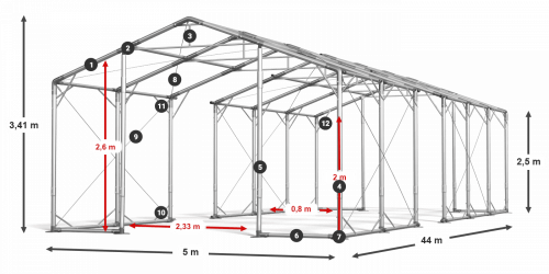 Skladový stan celoroční 5x44x2,5m nehořlavá plachta PVC 600g/m2 konstrukce POLÁRNÍ