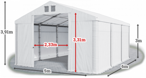 Garážový stan 5x6x3m střecha PVC 560g/m2 boky PVC 500g/m2 konstrukce ZIMA - Barva střešní plachty: Bílá, Barva boční plachty: Zelená, Barva svislých pruhů: Šedá