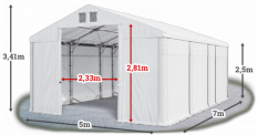 Skladový stan 5x7x2,5m střecha PVC 580g/m2 boky PVC 500g/m2 konstrukce POLÁRNÍ PLUS