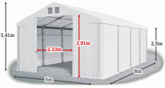 Garážový stan 5x8x2,5m střecha PVC 560g/m2 boky PVC 500g/m2 konstrukce ZIMA