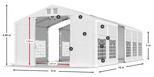 Párty stan 8x16x3m střecha PVC 560g/m2 boky PVC 500g/m2 konstrukce ZIMA PLUS