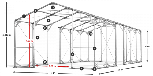 Skladový stan 8x34x4xm střecha PVC 620g/m2 boky PVC 620g/m2 konstrukce POLÁRNÍ PLUS Skladový stan 8x34x4xm střecha PVC 620g/m2 boky PVC 620g/m2 konstrukce POLÁRNÍ PLUS