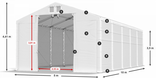 Skladový stan 5x10x3,5m střecha PVC 620g/m2 boky PVC 620g/m2 konstrukce ZIMA PLUS