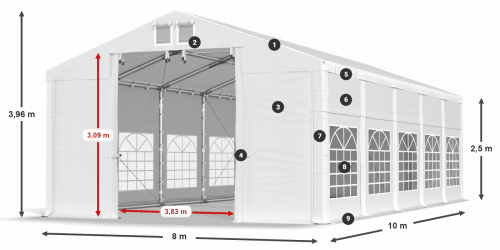 Párty stan 8x10x2,5m střecha PVC 620g/m2 boky PVC 620g/m2 konstrukce ZIMA PLUS