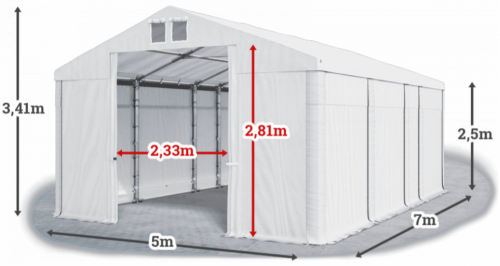 Skladový stan 5x7x2,5m střecha PVC 580g/m2 boky PVC 500g/m2 konstrukce ZIMA