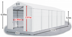 Skladový stan 4x11x3,5m střecha PVC 580g/m2 boky PVC 500g/m2 konstrukce ZIMA