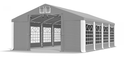 Párty stan 4x10x2,5m střecha PVC 580g/m2 boky PVC 500g/m2 konstrukce ZIMA PLUS - Barva střešní plachty: Šedá, Barva boční plachty: Šedá, Barva svislých pruhů: Bílá
