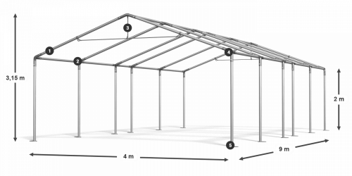 Skladový stan 4x9x2m střecha PE 240g/m2 boky PE 240g/m2 konstrukce LÉTO