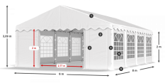 Párty stan 6x8x2m střecha PE 240g/m2 boky PE 240g/m2 konstrukce LÉTO