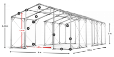 Skladový stan 8x34x3m střecha PVC 620g/m2 boky PVC 620g/m2 konstrukce POLÁRNÍ