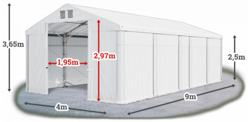 Skladový stan 4x9x2,5m střecha PVC 580g/m2 boky PVC 500g/m2 konstrukce POLÁRNÍ PLUS