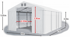 Skladový stan 5x7x2,5m střecha PVC 580g/m2 boky PVC 500g/m2 konstrukce ZIMA PLUS