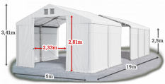 Skladový stan 5x19x2,5m střecha PVC 580g/m2 boky PVC 500g/m2 konstrukce ZIMA PLUS
