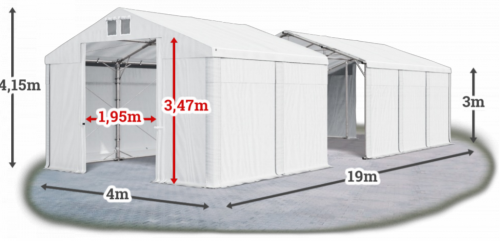 Skladový stan 4x19x3m strecha PVC 580g/m2 boky PVC 500g/m2 konštrukcia POLÁRNA