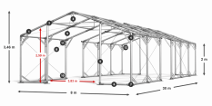 Skladový stan 8x30x2m strecha PVC 620g/m2 boky PVC 620g/m2 konštrukcia POLÁRNA PLUS