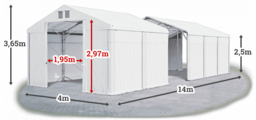 Skladový stan 4x14x2,5m střecha PVC 560g/m2 boky PVC 500g/m2 konstrukce POLÁRNÍ PLUS