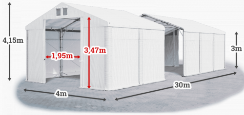Skladový stan 4x30x3m střecha PVC 560g/m2 boky PVC 500g/m2 konstrukce POLÁRNÍ