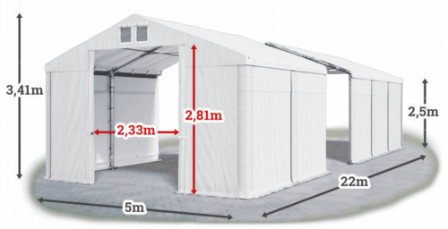 Skladový stan 5x22x2,5m strecha PVC 560g/m2 boky PVC 500g/m2 konštrukcia ZIMA
