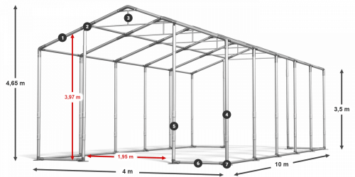 Skladový stan 4x10x3,5m střecha PVC 580g/m2 boky PVC 500g/m2 konstrukce ZIMA