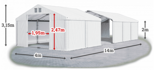 Skladový stan 4x14x2m střecha PVC 560g/m2 boky PVC 500g/m2 konstrukce LÉTO PLUS