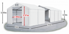 Skladový stan 4x16x2,5m střecha PVC 560g/m2 boky PVC 500g/m2 konstrukce ZIMA