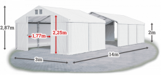 Skladový stan 3x14x2m střecha PVC 560g/m2 boky PVC 500g/m2 konstrukce LÉTO