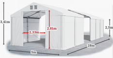 Skladový stan 5x28x2,5m střecha PVC 560g/m2 boky PVC 500g/m2 konstrukce ZIMA PLUS