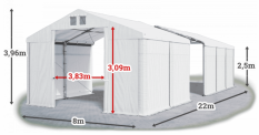 Skladový stan 8x22x2,5m střecha PVC 560g/m2 boky PVC 500g/m2 konstrukce ZIMA PLUS