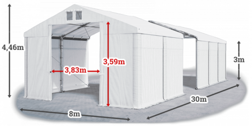 Skladový stan 8x30x3m strecha PVC 560g/m2 boky PVC 500g/m2 konštrukcie ZIMA PLUS