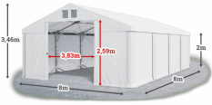 Skladový stan 8x8x2m střecha PVC 560g/m2 boky PVC 500g/m2 konstrukce POLÁRNÍ PLUS